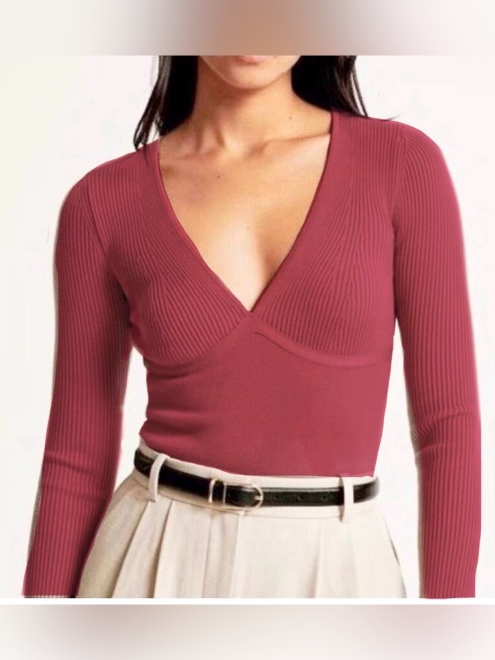 Abercrombie&Fitch Long Sleeve Ribbed Bodysuit in Berry color , XL
